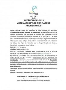 Edital 94/2025, relativo à votação antecipada por motivos profissionais, que decorrerá de 02 a 07 de outubro de 2025.