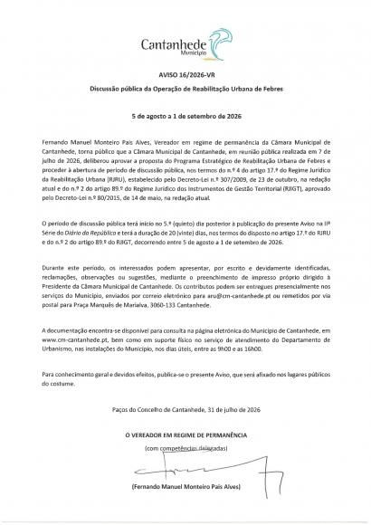 Per&iacute;odo de discuss&atilde;o p&uacute;blica da Opera&ccedil;&atilde;o de Reabilita&ccedil;&atilde;o Urbana de Febres
