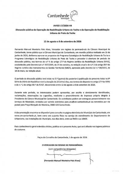 Discuss&atilde;o p&uacute;blica da Opera&ccedil;&atilde;o de Reabilita&ccedil;&atilde;o Urbana da Tocha e da Opera&ccedil;&atilde;o de Reabiilita&ccedil;&atilde;o Urbana da Praia da Tocha