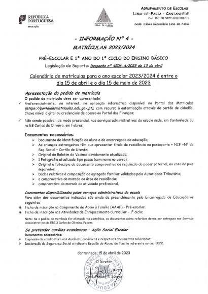 Matr&iacute;culas 2023/2024 para o Pr&eacute;-Escolar e 1&deg;Ano do 1&deg;Ciclo.