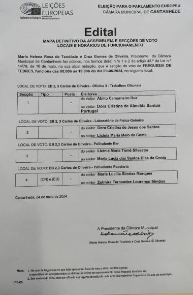 As Sec&ccedil;&otilde;es de voto da Freguesia de Febres estar&atilde;o em funcionamento na Escola B&aacute;sica Carlos de Oliveira das 8:00 &agrave;s 19:00