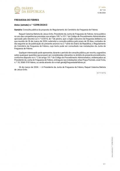 Consulta p&uacute;blica da proposta do Regulamento do Cemit&eacute;rio da Freguesia de Febres