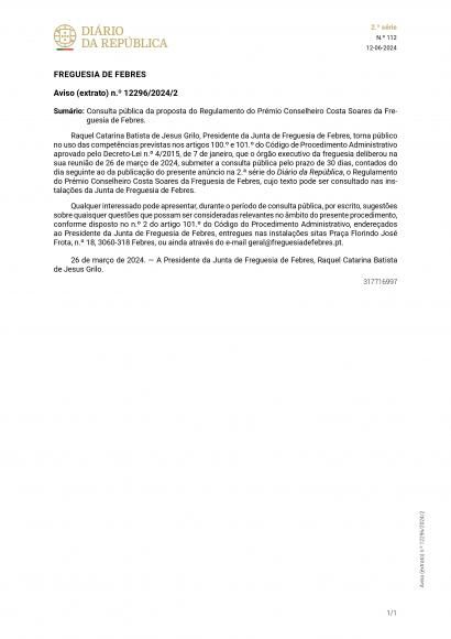 Proposta de Regulamento do Pr&eacute;mio Conselheiro Costa Soares