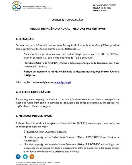 Aviso &agrave; Popula&ccedil;&atilde;o - Perigo de Inc&ecirc;ndio rural - Medidas Preventivas