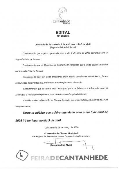 FEIRA QUINZENAL DE CANTANHEDE - ALTERA&Ccedil;&Atilde;O DA FEIRA DE 6 DE ABRIL PARA 3 DE ABRIL